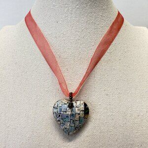 Abalone Mosaic Heart Pendant Necklace Pastel Beachy Coastal Feminine Reversible